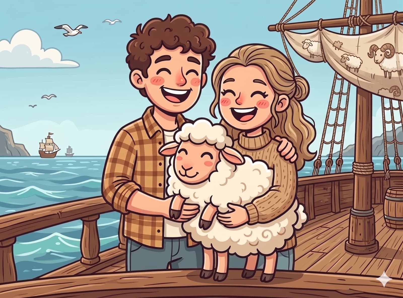 An illustrated portrait of Veronica and Cris on the deck of a wooden ship, holding the Sheepit mascot. The sails behind them are decorated with sheep.